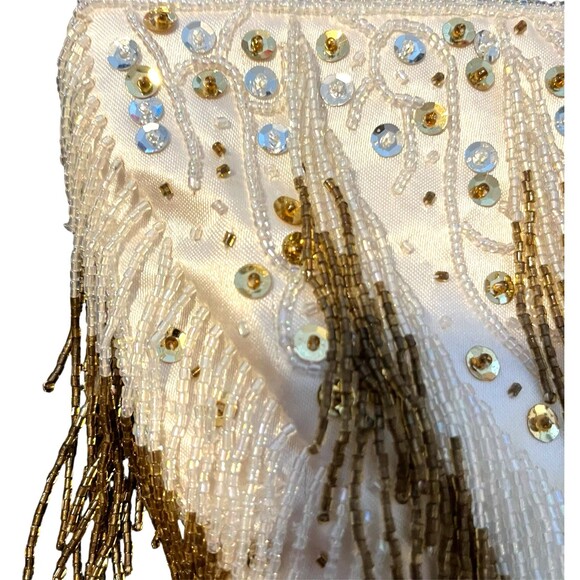 Vintage 1990s Cream & Bronze Beaded Fringe Satin-Finish Evening Bag Handmade - Picture 5 of 10